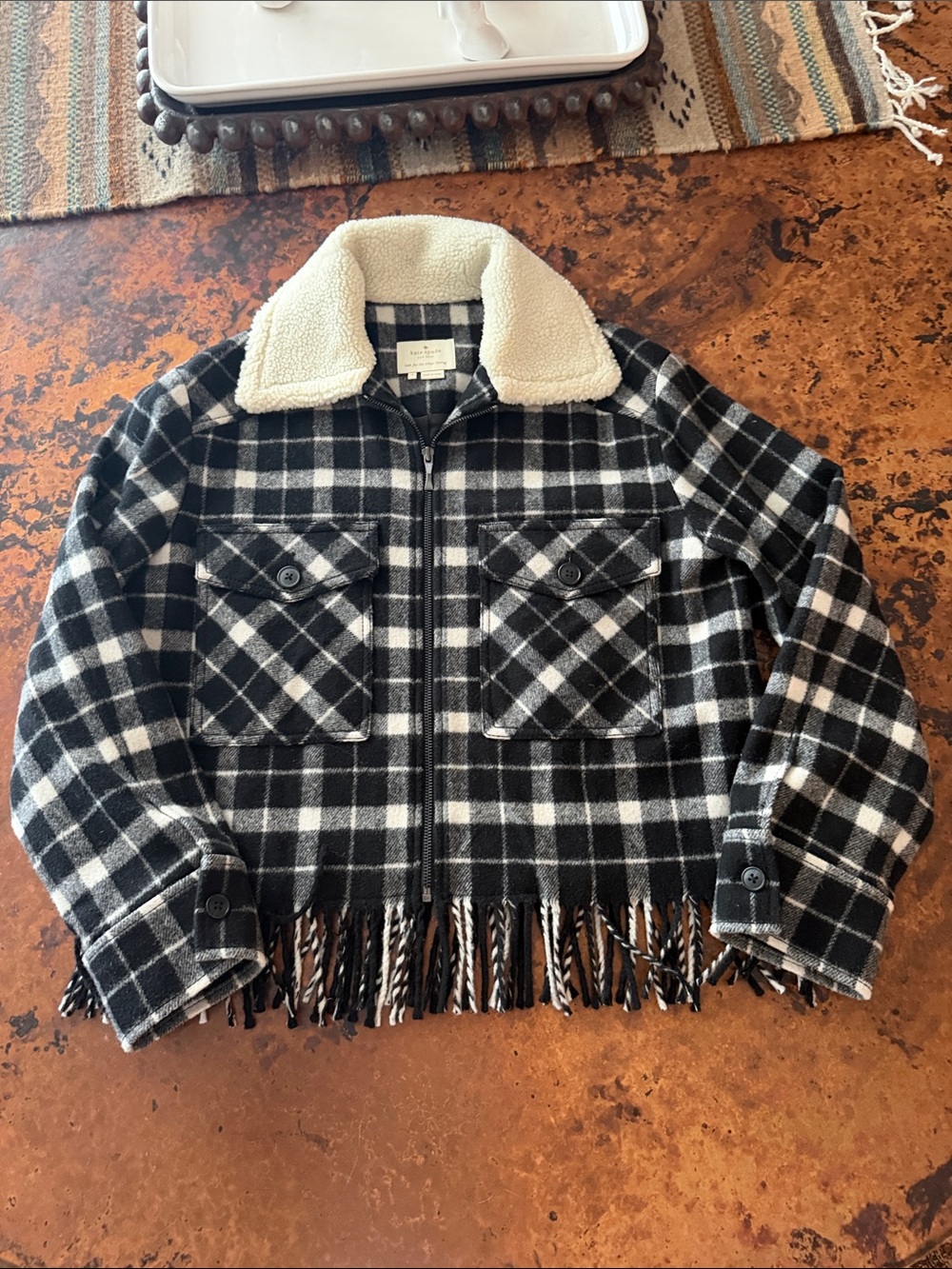 kate spade Black & White Plaid Sherpa Collar Fringe Jacket